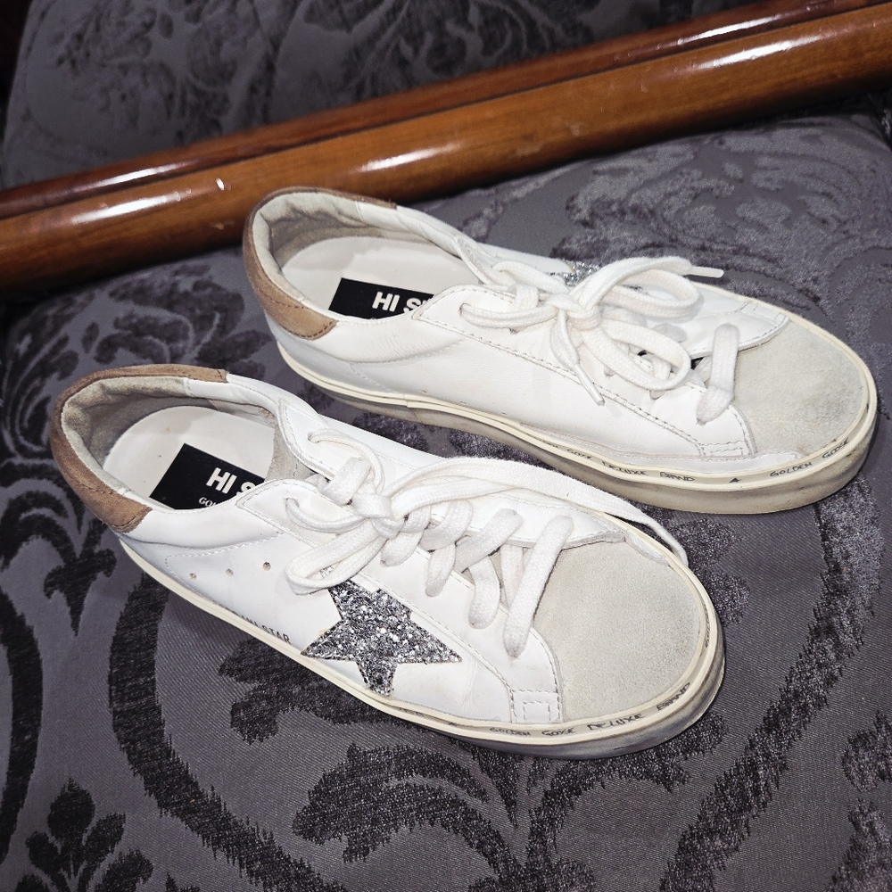 Golden Goose White Sneakers with Silver Glitter Star